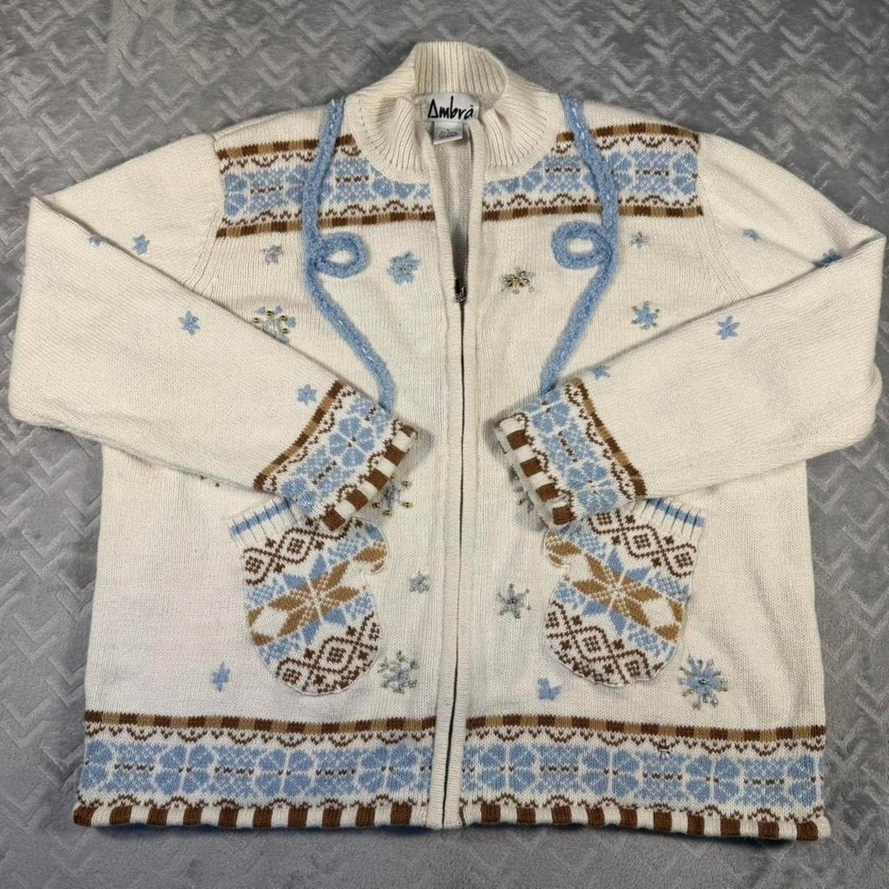 Vintage Ambra Women's Christmas Sweater Cream Blue‎ Mittens Size Large Full Zip